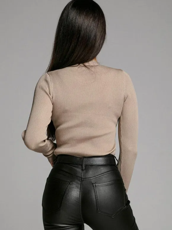 Knit Layering Top Long Sleeves Buttons Solid Color Fall Winter Undershirt For Women