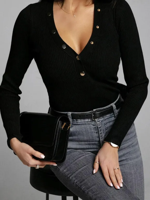Knit Layering Top Long Sleeves Buttons Solid Color Fall Winter Undershirt For Women
