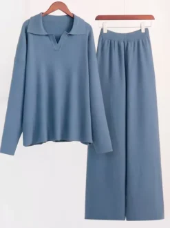 Knit Pant Set Drop Shoulder Pullover And Wide Leg Trousers For Women