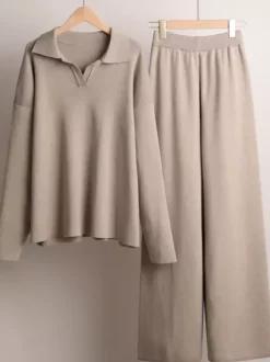 Knit Pant Set Drop Shoulder Pullover And Wide Leg Trousers For Women