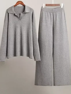 Knit Pant Set Drop Shoulder Pullover And Wide Leg Trousers For Women