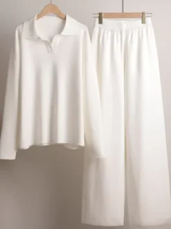 Knit Pant Set Drop Shoulder Pullover And Wide Leg Trousers For Women
