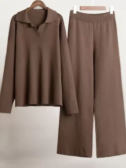 Knit Pant Set Drop Shoulder Pullover And Wide Leg Trousers For Women