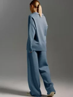 Knit Pant Set Drop Shoulder Pullover And Wide Leg Trousers For Women