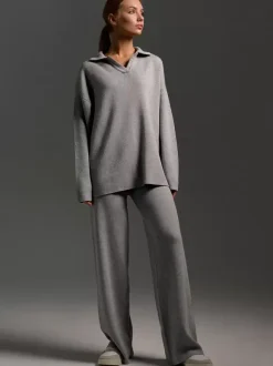 Knit Pant Set Drop Shoulder Pullover And Wide Leg Trousers For Women