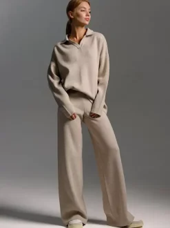 Knit Pant Set Drop Shoulder Pullover And Wide Leg Trousers For Women