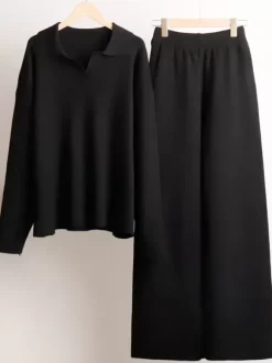 Knit Pant Set Drop Shoulder Pullover And Wide Leg Trousers For Women