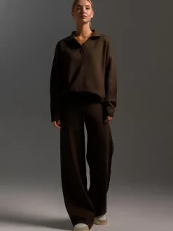 Knit Pant Set Drop Shoulder Pullover And Wide Leg Trousers For Women