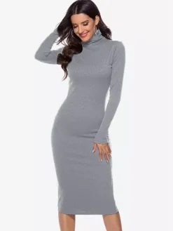 Knitted Dress For Women Comfy Polyester Long Sleeves High Collar
