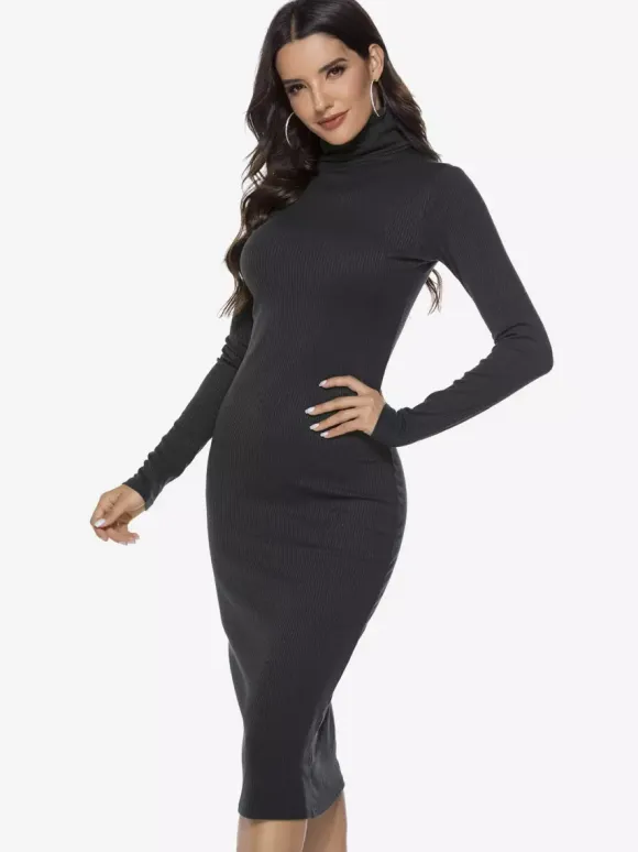 Knitted Dress For Women Comfy Polyester Long Sleeves High Collar