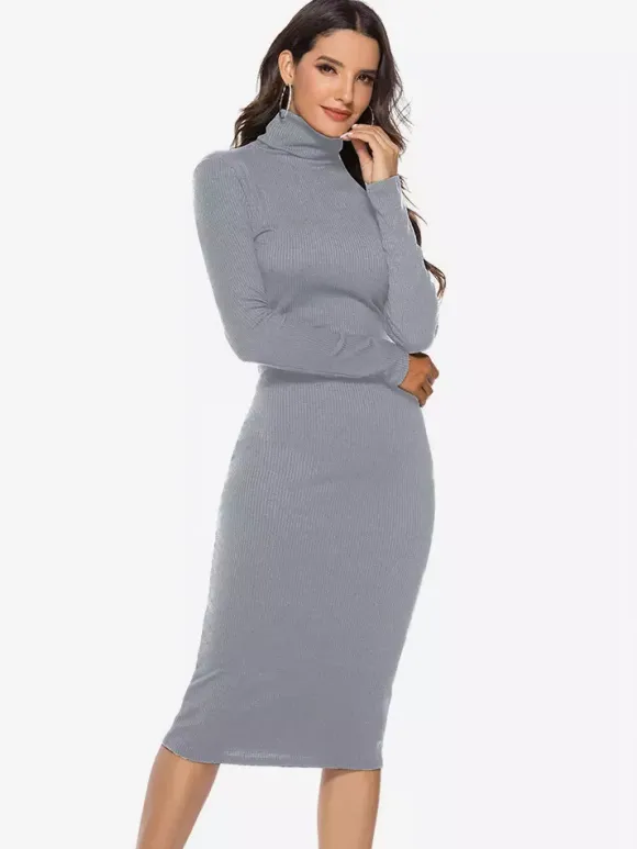 Knitted Dress For Women Comfy Polyester Long Sleeves High Collar