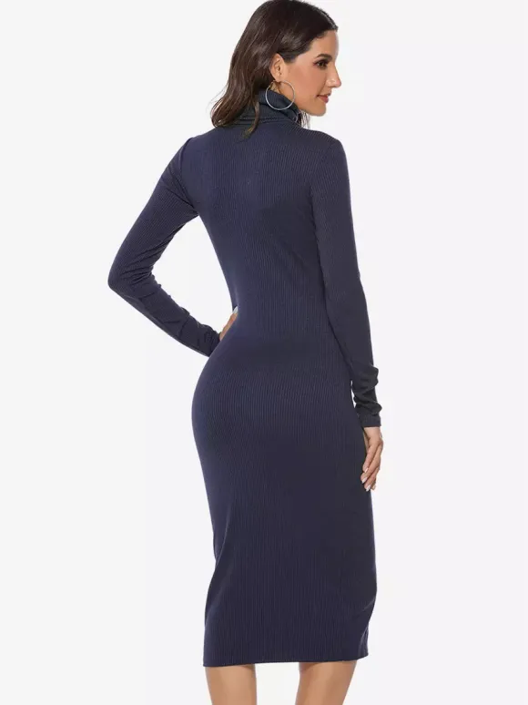 Knitted Dress For Women Comfy Polyester Long Sleeves High Collar