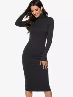 Knitted Dress For Women Comfy Polyester Long Sleeves High Collar