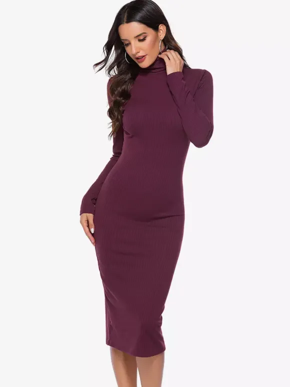 Knitted Dress For Women Comfy Polyester Long Sleeves High Collar