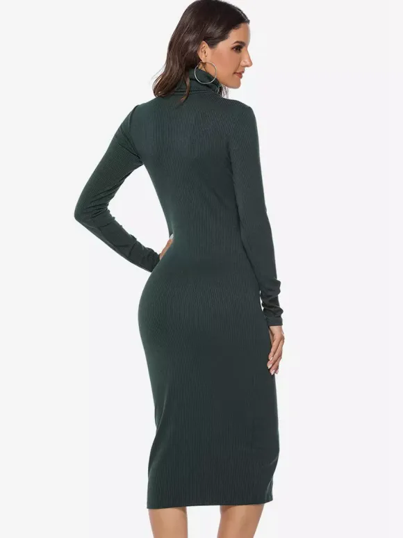Knitted Dress For Women Comfy Polyester Long Sleeves High Collar
