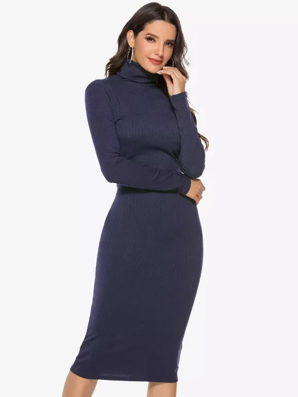Knitted Dress For Women Comfy Polyester Long Sleeves High Collar