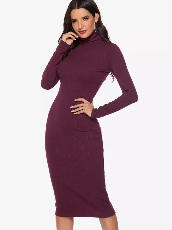 Knitted Dress For Women Comfy Polyester Long Sleeves High Collar