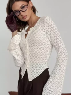 Knitted Hollow Out Slim Cardigan Top With Flare Sleeves For Women 2026