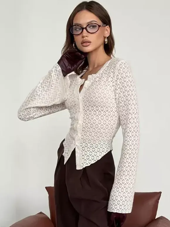 Knitted Hollow Out Slim Cardigan Top With Flare Sleeves For Women 2026