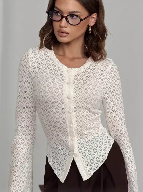 Knitted Hollow Out Slim Cardigan Top With Flare Sleeves For Women 2026