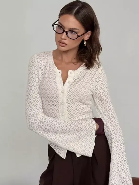 Knitted Hollow Out Slim Cardigan Top With Flare Sleeves For Women 2026