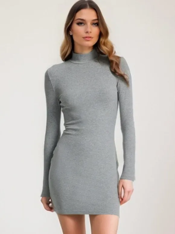 Knitted Bodycon Dress Mock Neck Long Sleeves Casual Sheath Mini Dresses