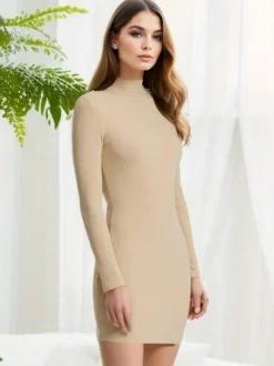Knitted Bodycon Dress Mock Neck Long Sleeves Casual Sheath Mini Dresses