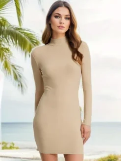 Knitted Bodycon Dress Mock Neck Long Sleeves Casual Sheath Mini Dresses