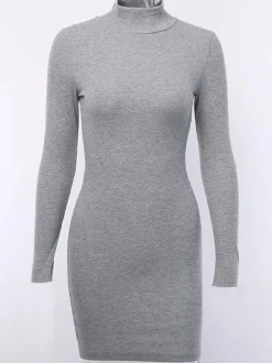 Knitted Bodycon Dress Mock Neck Long Sleeves Casual Sheath Mini Dresses
