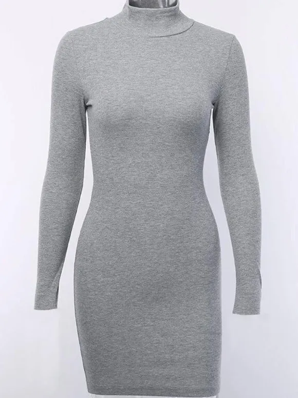 Knitted Bodycon Dress Mock Neck Long Sleeves Casual Sheath Mini Dresses
