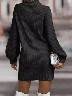 Knitted Dress Long Sleeves High Collar Elegant Mini Dress