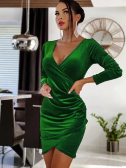 Knotted Velour Casual V-Neck Long Sleeves Midi Dress