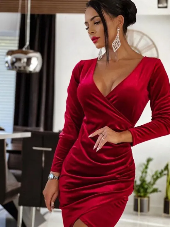 Knotted Velour Casual V-Neck Long Sleeves Midi Dress