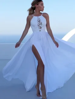Lace Bodice Illusion Maxi Gown - High Slit Formal A-Line Dress - Summer Special Event Party 2026