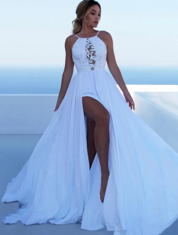 Lace Bodice Illusion Maxi Gown - High Slit Formal A-Line Dress - Summer Special Event Party 2026
