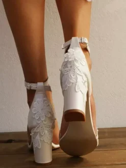 Lace Bridal Sandals White Open Toe Embroidered Wedding Sandals