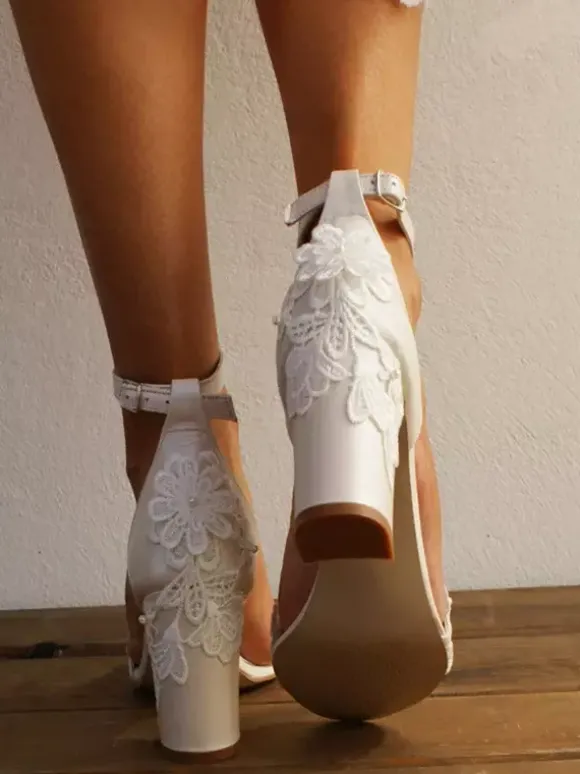 Lace Bridal Sandals White Open Toe Embroidered Wedding Sandals