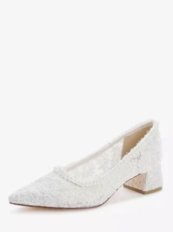Lace Bridal Shoes Pointed Toe Chunky Heel Wedding Shoes