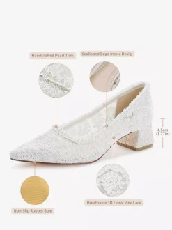 Lace Bridal Shoes Pointed Toe Chunky Heel Wedding Shoes