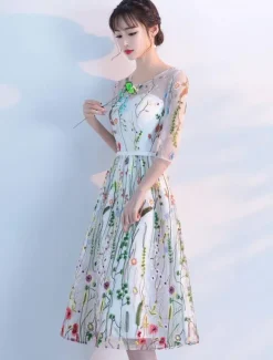 Lace Cocktail Dress 2026 Short Floral Print Cocktail Dress Illusion Half Sleeve Tea Length Party Dress
