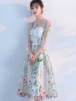 Lace Cocktail Dress 2026 Short Floral Print Cocktail Dress Illusion Half Sleeve Tea Length Party Dress