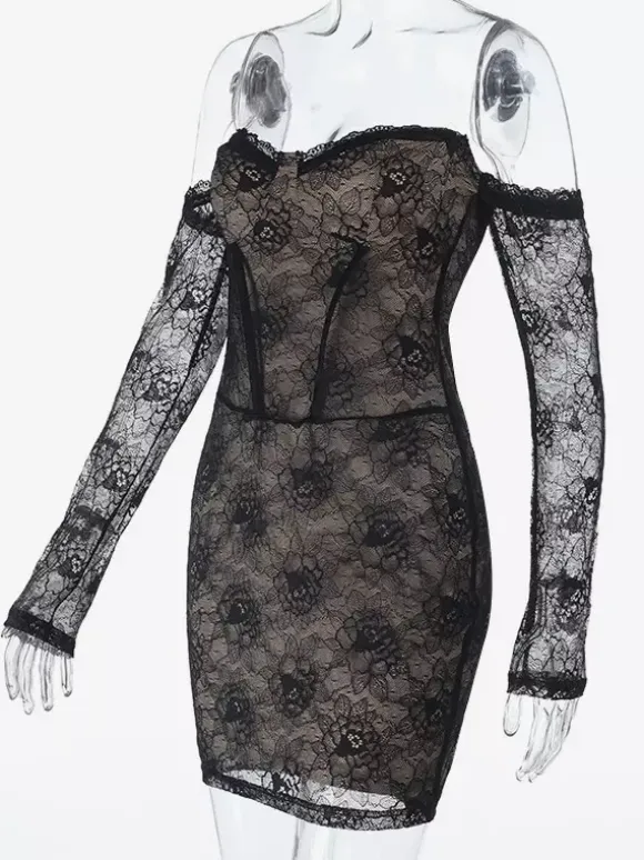 Lace Corset Dress For Women - Black Off Shoulder Long Sleeve Bodycon Mini Dress - Spring Clubwear Evening Party 2026