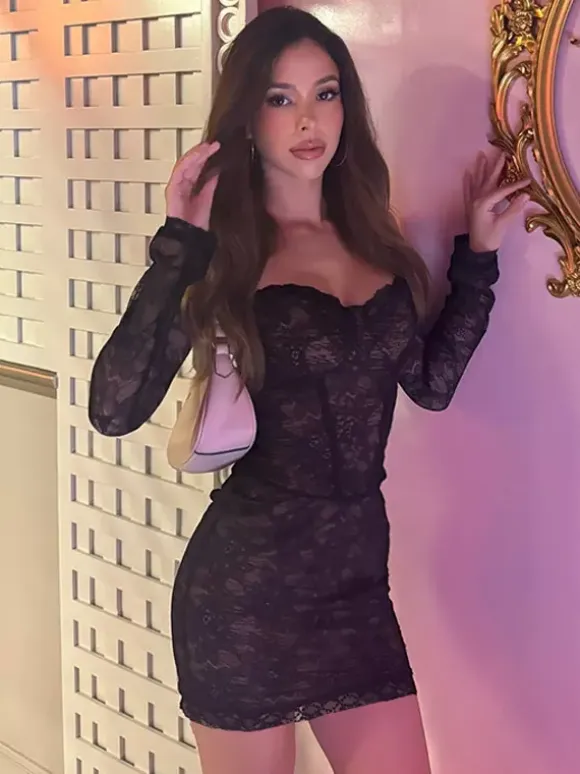 Lace Corset Dress For Women - Black Off Shoulder Long Sleeve Bodycon Mini Dress - Spring Clubwear Evening Party 2026