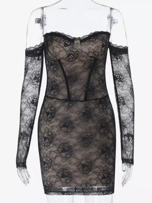 Lace Corset Dress For Women - Black Off Shoulder Long Sleeve Bodycon Mini Dress - Spring Clubwear Evening Party 2026