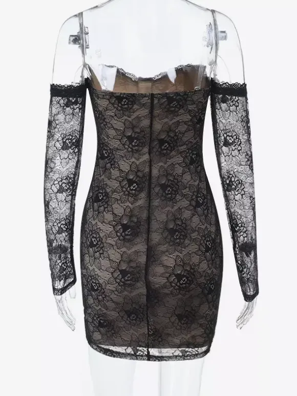 Lace Corset Dress For Women - Black Off Shoulder Long Sleeve Bodycon Mini Dress - Spring Clubwear Evening Party 2026