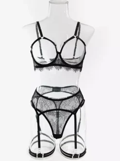 Lace Cupless Lingerie Lace Black Bra Panty 4-Piece Sets