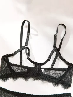 Lace Cupless Lingerie Lace Black Bra Panty 4-Piece Sets