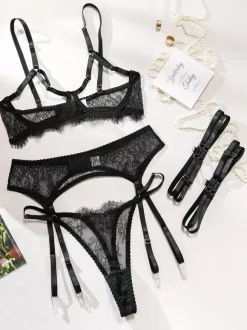 Lace Cupless Lingerie Lace Black Bra Panty 4-Piece Sets