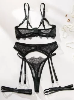 Lace Cupless Lingerie Lace Black Bra Panty 4-Piece Sets