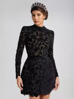 Lace Dress High Neck Long Sleeve Birthday Party Spring Mini Dress For Women 2026